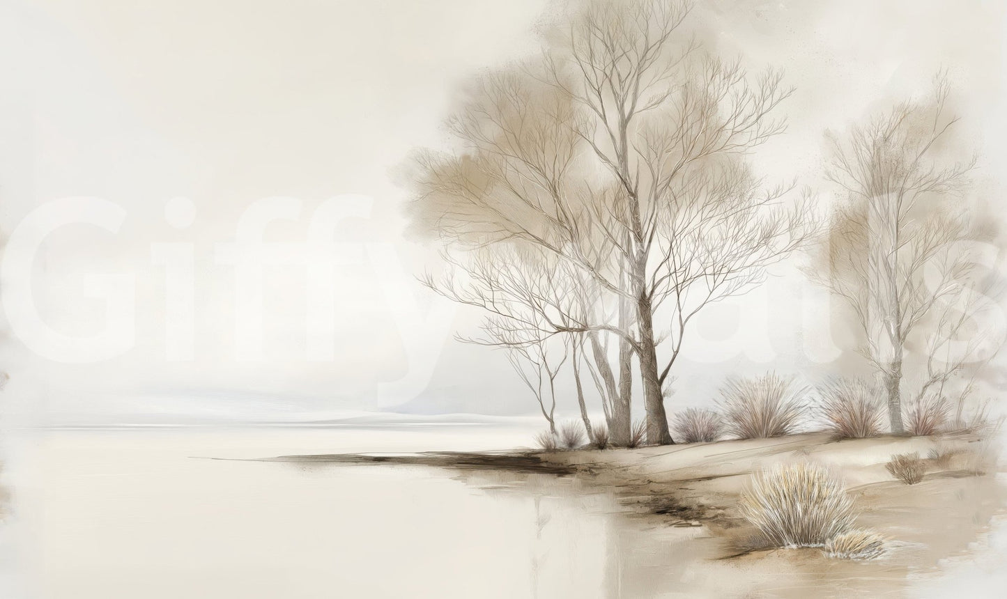 A gentle winter wallpaper showing quiet coastal trees with soft shadows and muted colors.
