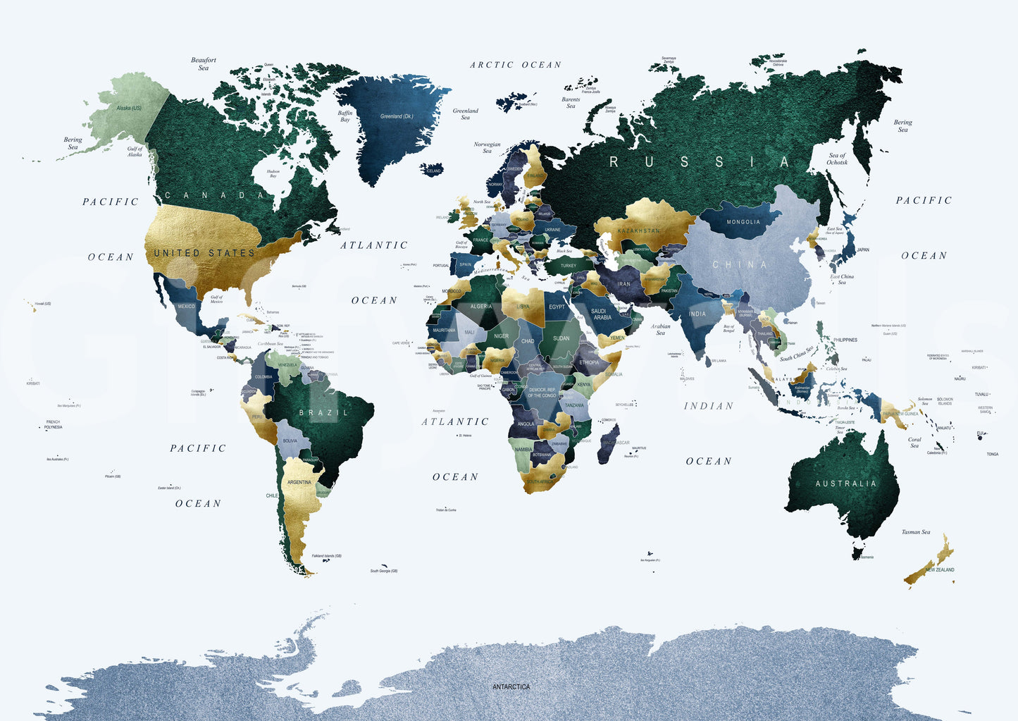 World Map Green Blue Wall Mural