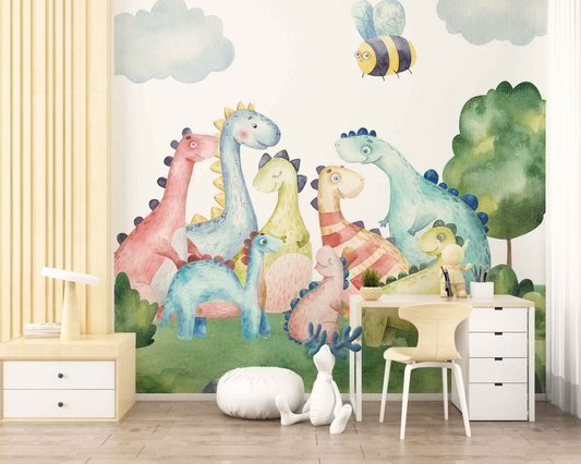 Colorful dinosaur wallpaper designs featuring playful and vibrant prehistoric creatures, perfect for creating a fun and adventurous kids' bedroom atmosphere.
