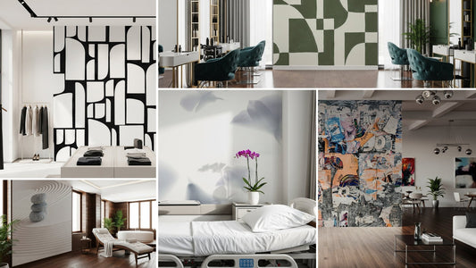 commercial wallpaper designs for business interiors, including spa, boutique, hospital, studio, and salon settings