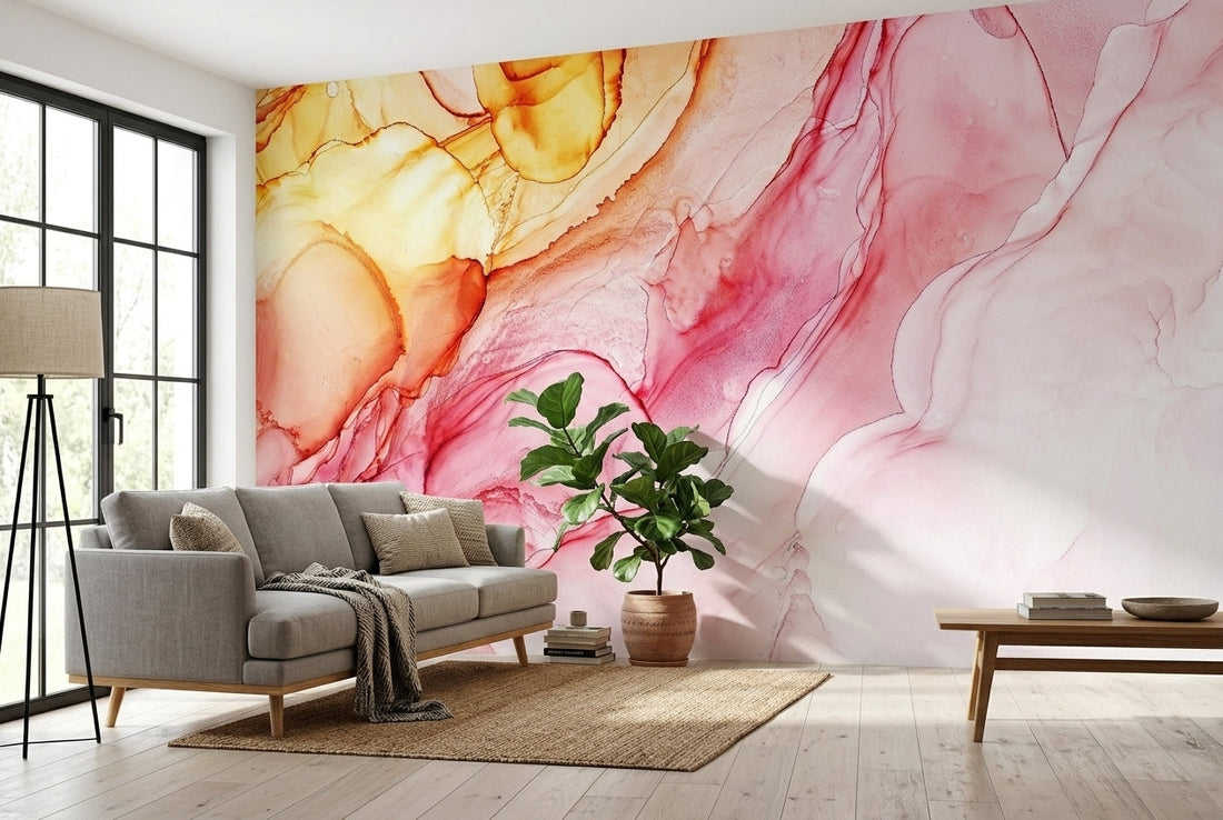 Living room with an abstract alcohol-ink wallpaper mural as a custom-size feature wall
