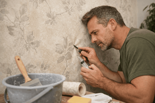 Person smoothing a freshly hung wallpaper panel with a squeegee to prevent air bubbles, clean white wall, close-up installation scene.