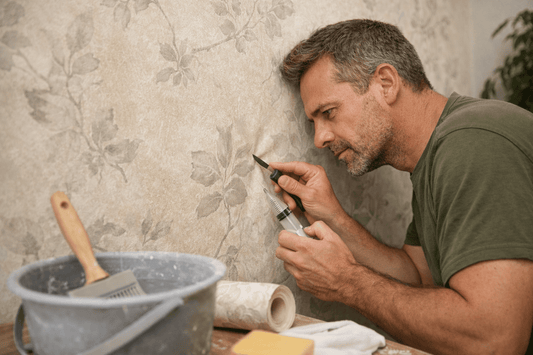 Person smoothing a freshly hung wallpaper panel with a squeegee to prevent air bubbles, clean white wall, close-up installation scene.