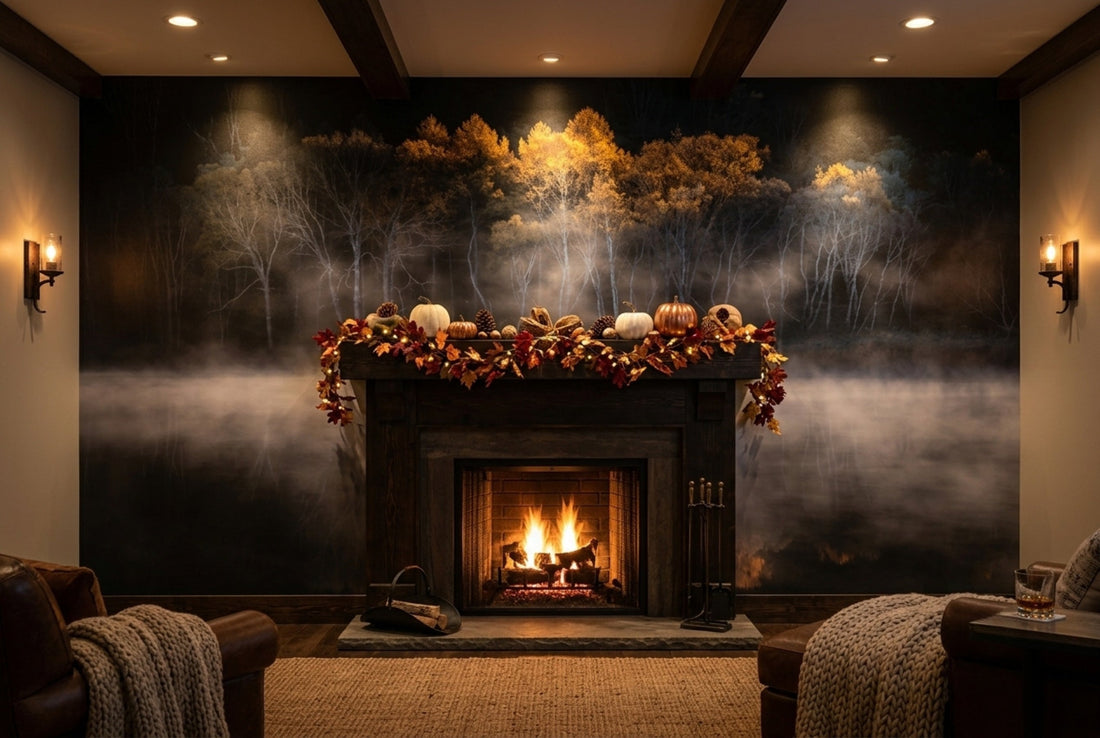 How to Style a Fall Fireplace Mantel Around a Wallpaper Feature Wall