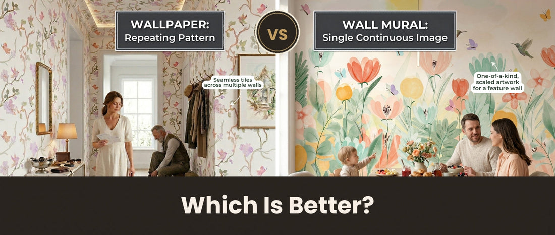 Wallpaper vs wall mural comparison — repeating leaf pattern on the left, single landscape mural on the right, custom-printed by Giffywalls