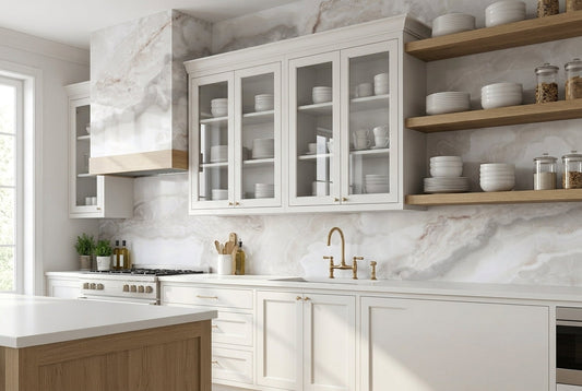 Kitchen remodel with a custom-size wallpaper mural on a dry feature wall near the cabinets
