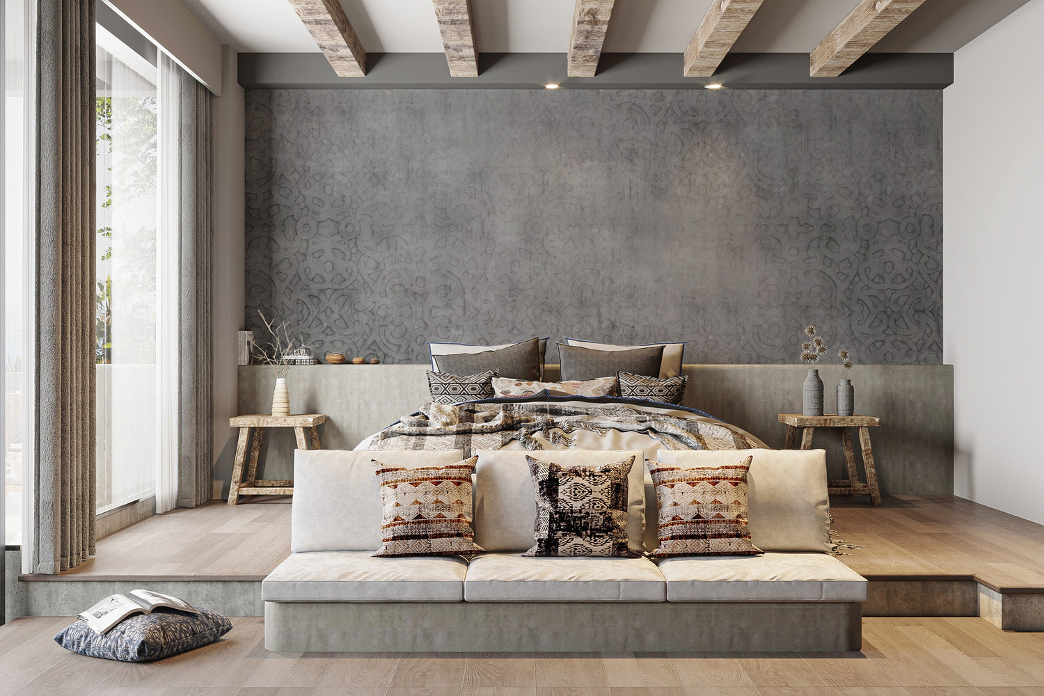 Concrete wallpaper installed on a living room accent wall, featuring a light grey industrial texture.