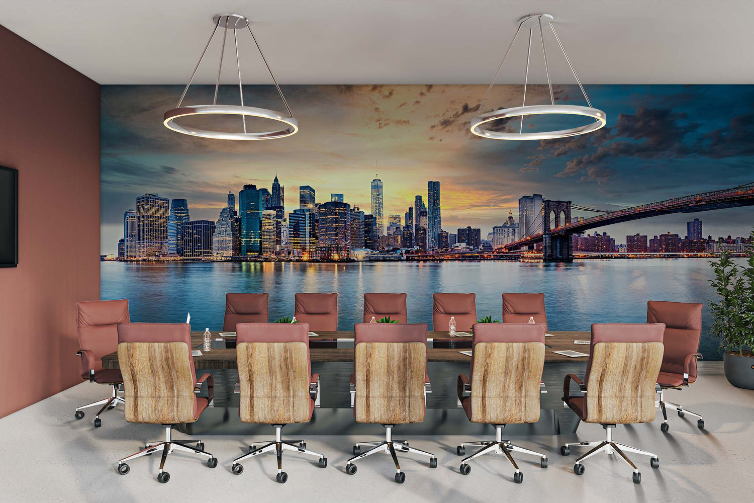 A large, custom wallpaper mural featuring a scenic forest design in a modern living room.