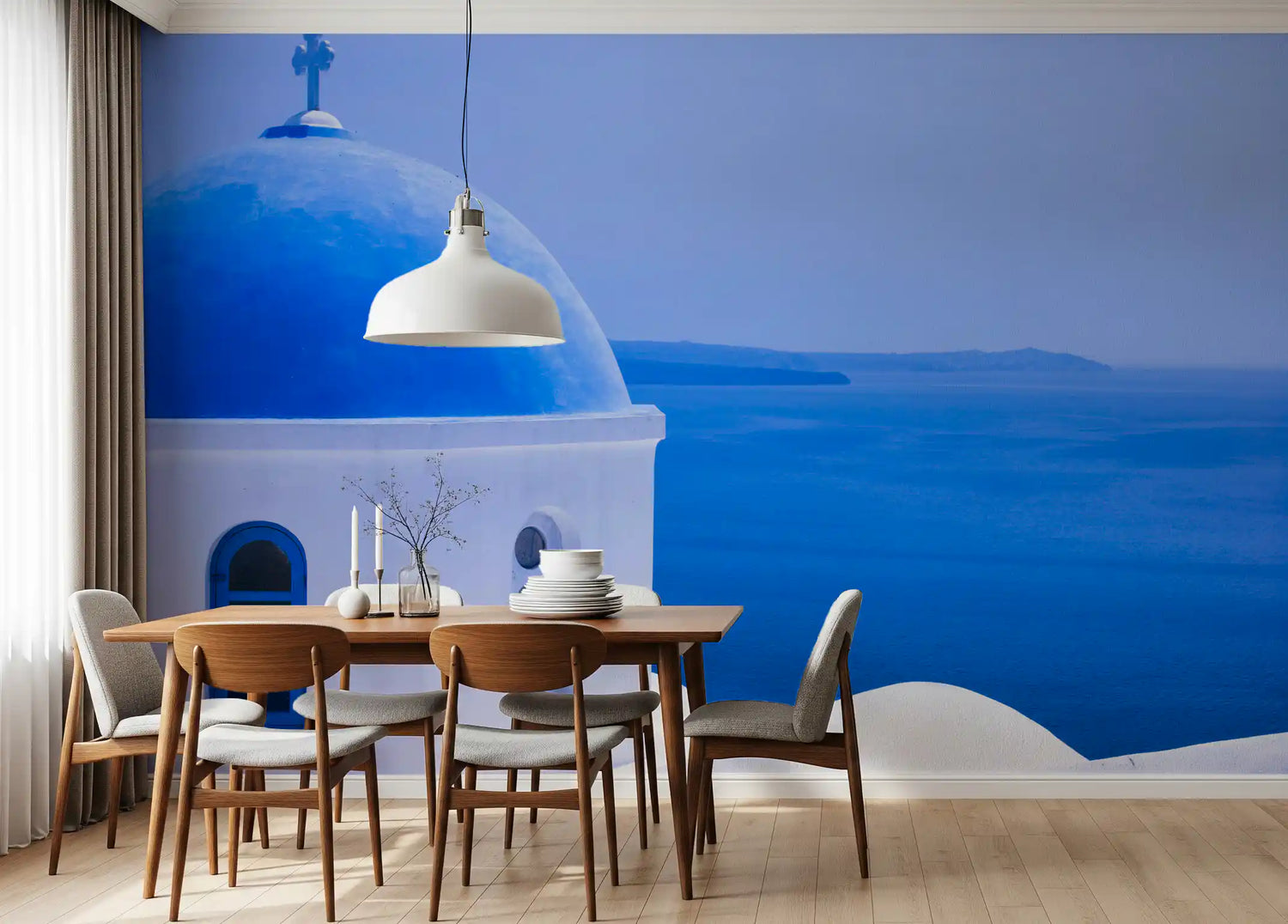santorini wallpaper with blue dome and whitewashed cliff village murals