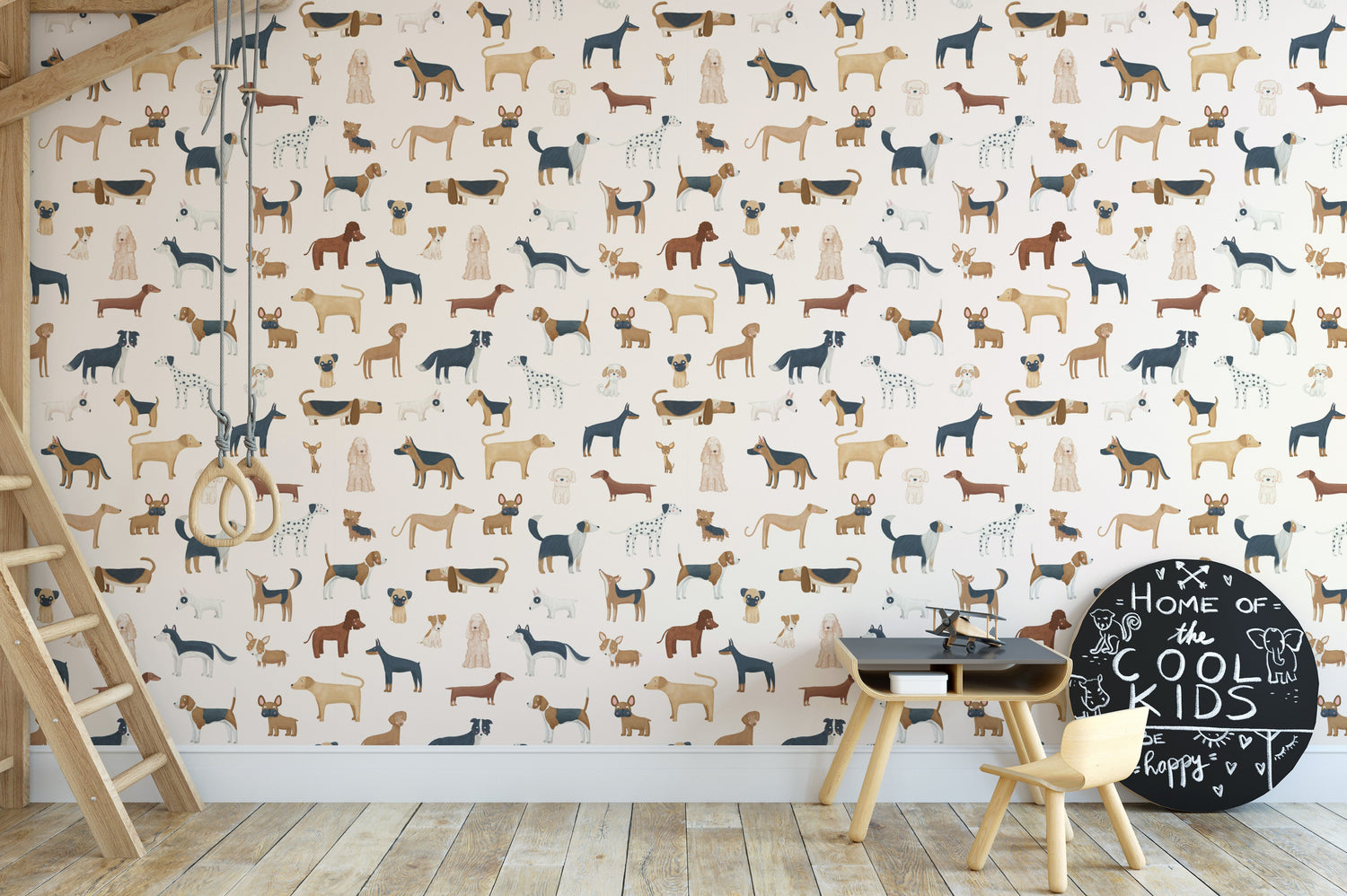 A charming dog wallpaper brightens a room with a repeating pattern of various playful breeds.