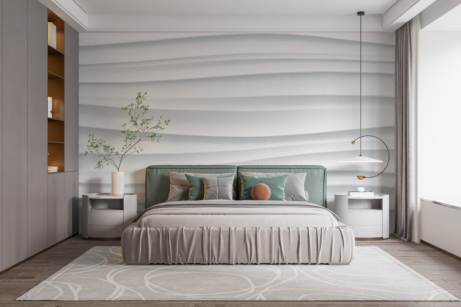 Close-up of textured white wallpaper adding depth to a contemporary bedroom design.