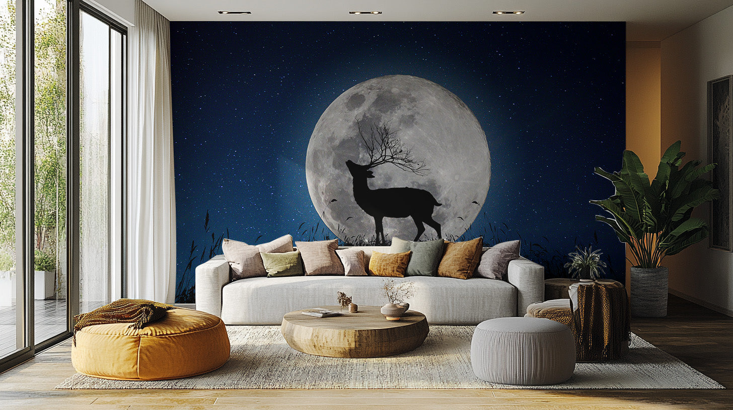 deer wallpaper mural featuring a large stag in a misty forest scene.