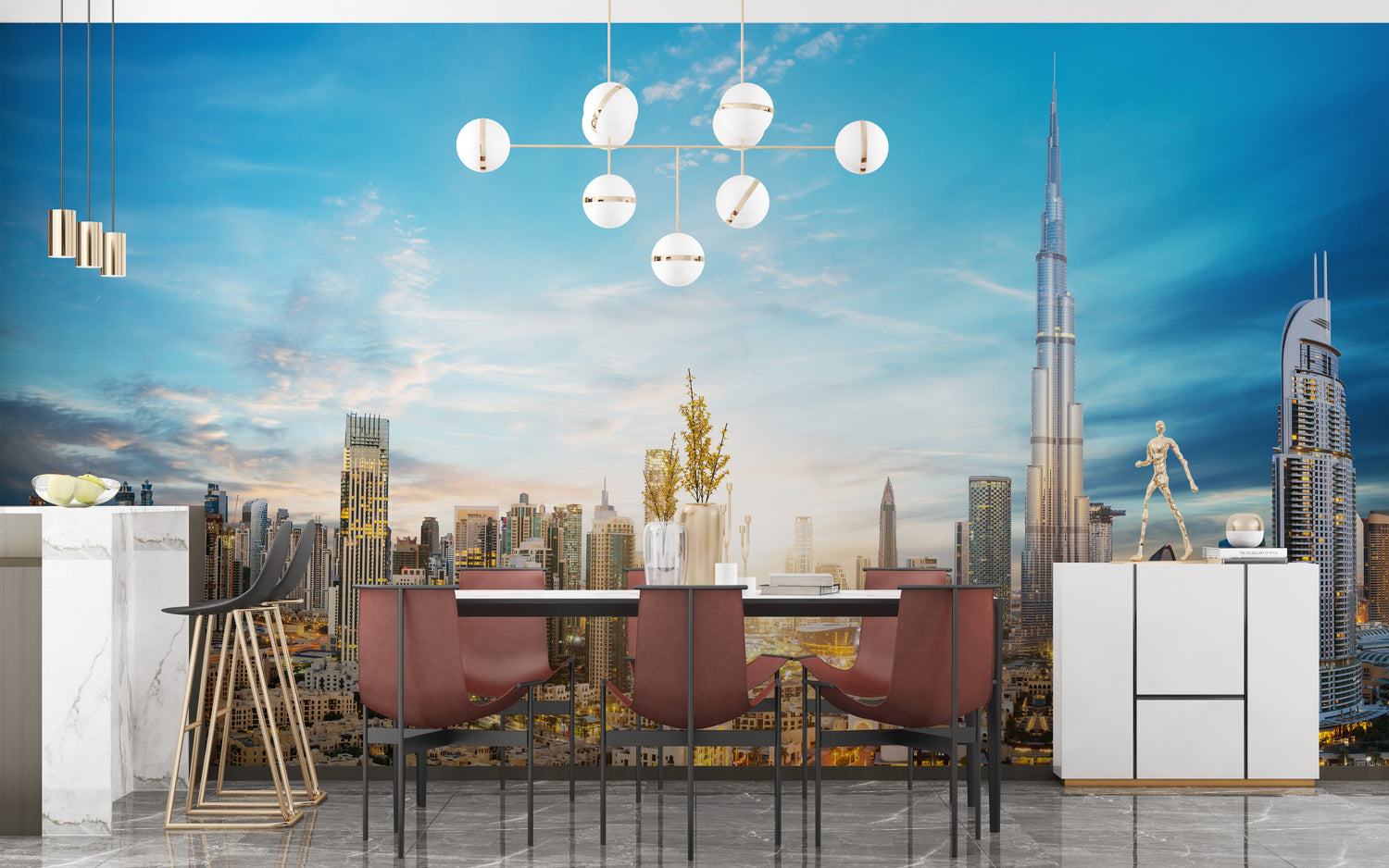A modern living room featuring a Dubai wallpaper with the full city skyline at night.