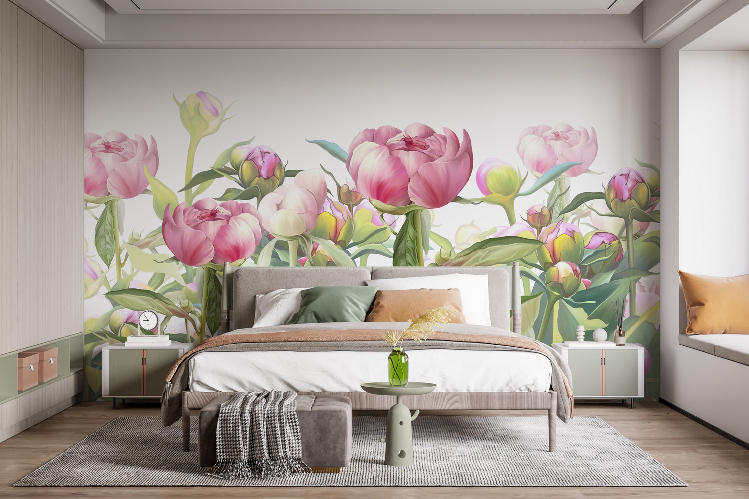 Elegant bedroom accent wall with a delicate pink and white peony wallpaper behind a bed with crisp white linens.