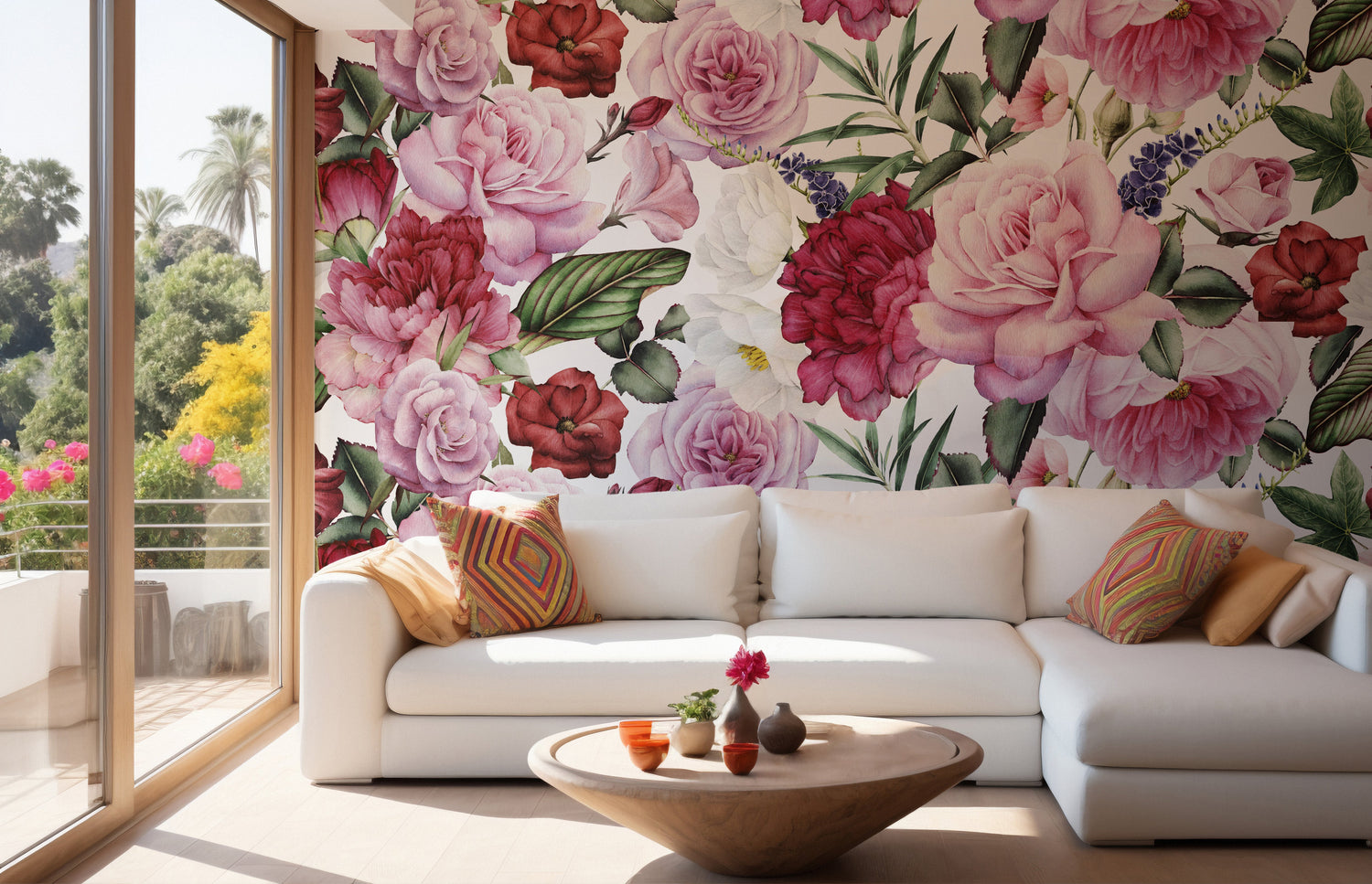 A wall covered in elegant rose wallpaper featuring a pattern of soft pink and white vintage roses.