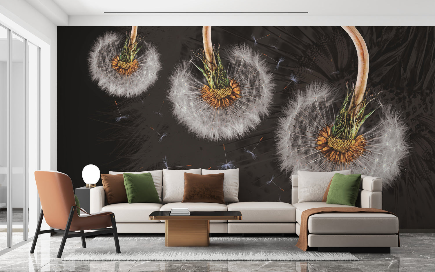 A bright living room with a modern grey sofa placed against an accent wall featuring dandelion wallpaper with seeds blowing across a light blue background.