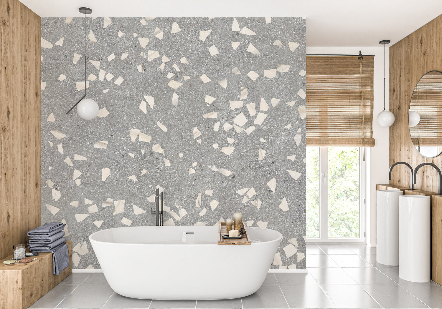 A bright, modern kitchen with a stunning blue subway tile wallpaper installed as a backsplash
