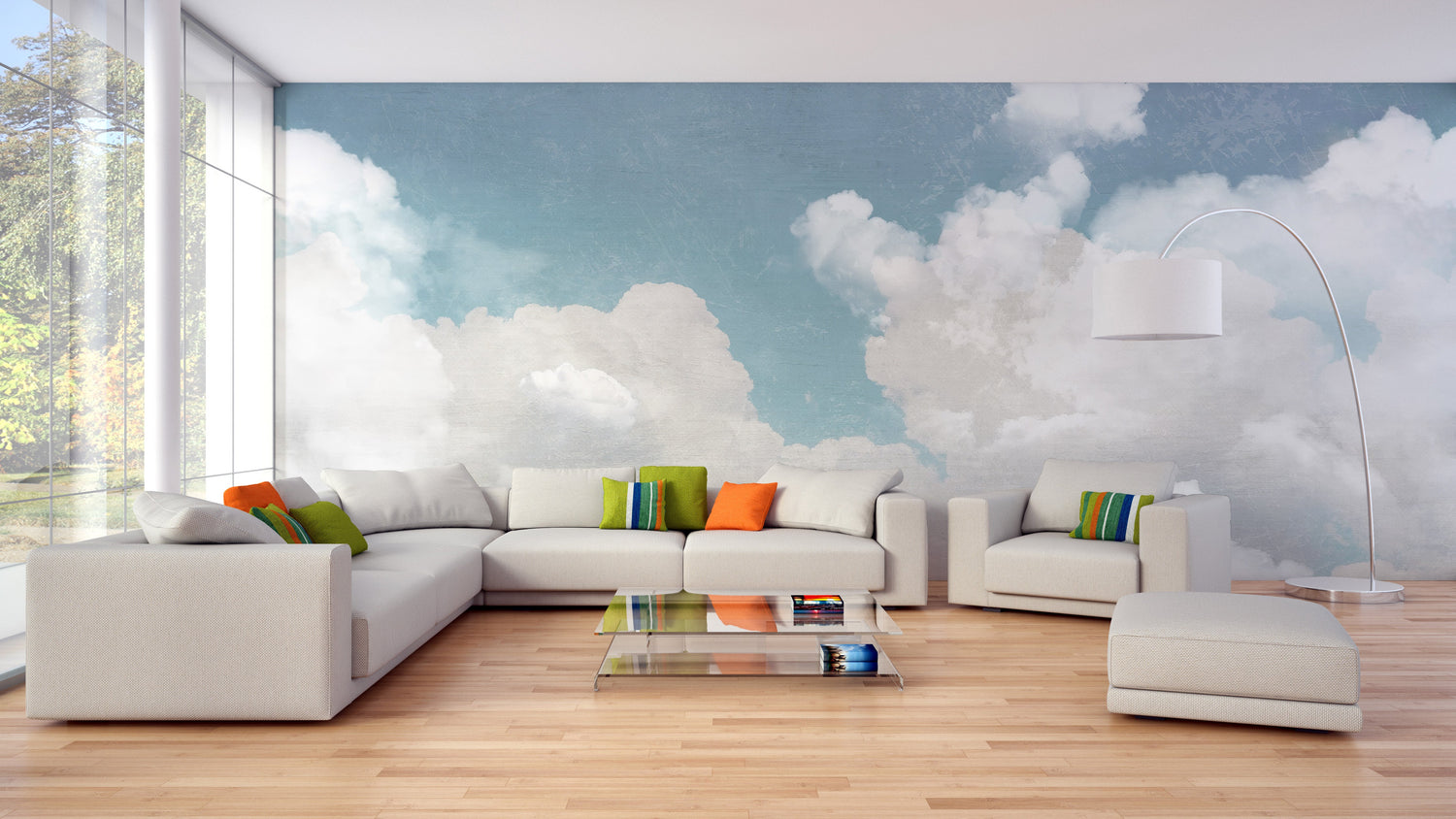 Close-up of cloud wallpaper, showcasing a serene pattern of soft white clouds against a pale blue sky, perfect for a calming interior design.