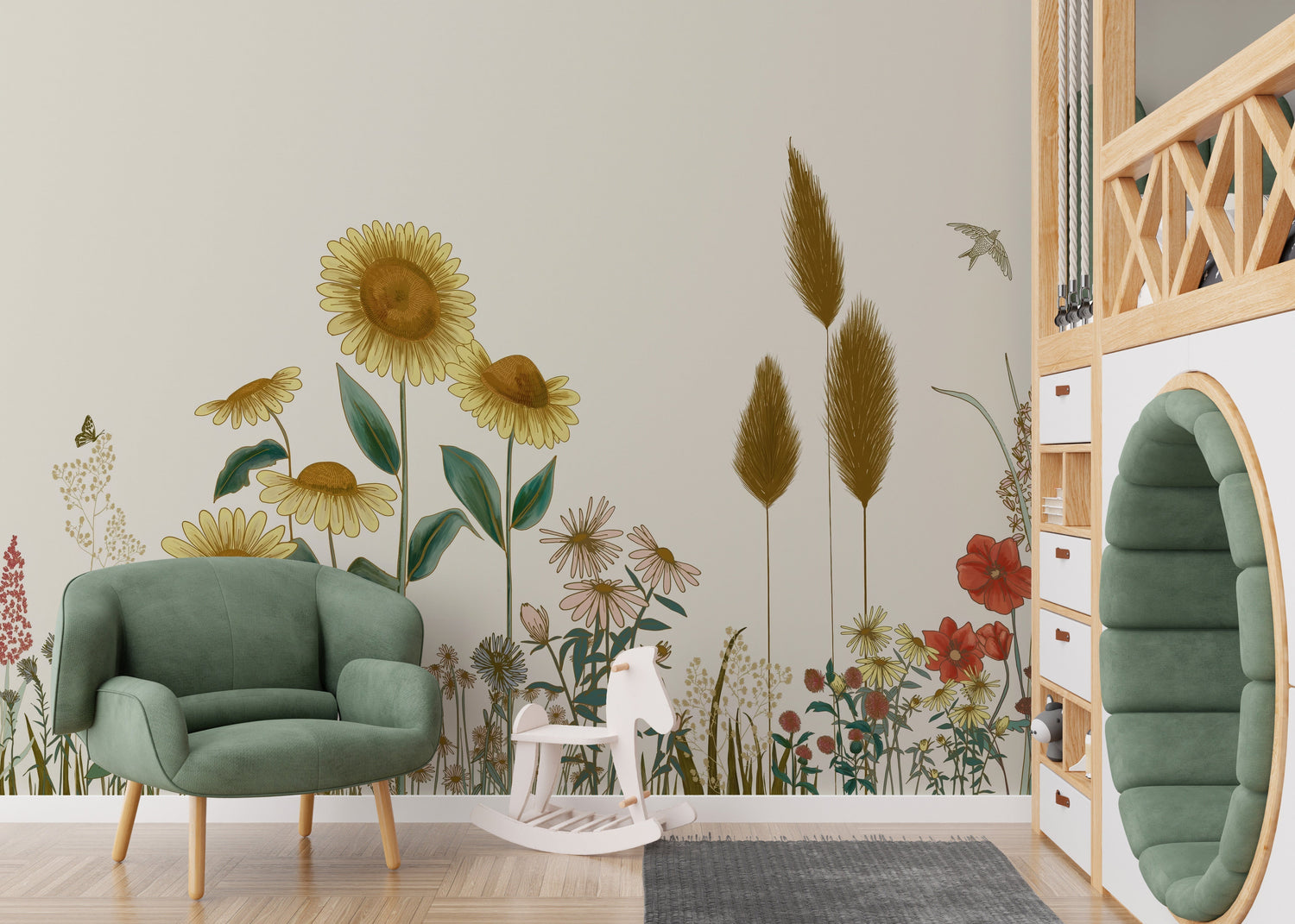 A bright living room wall featuring a vibrant sunflower wallpaper mural with large, yellow golden flowers, creating a beautiful sun-kissed floral decor.
