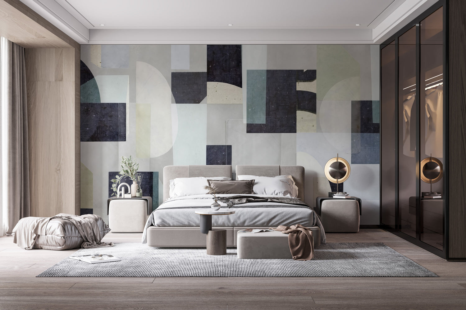 A bright living room featuring contemporary wallpaper with a bold, abstract blue and gold pattern behind a white sofa.