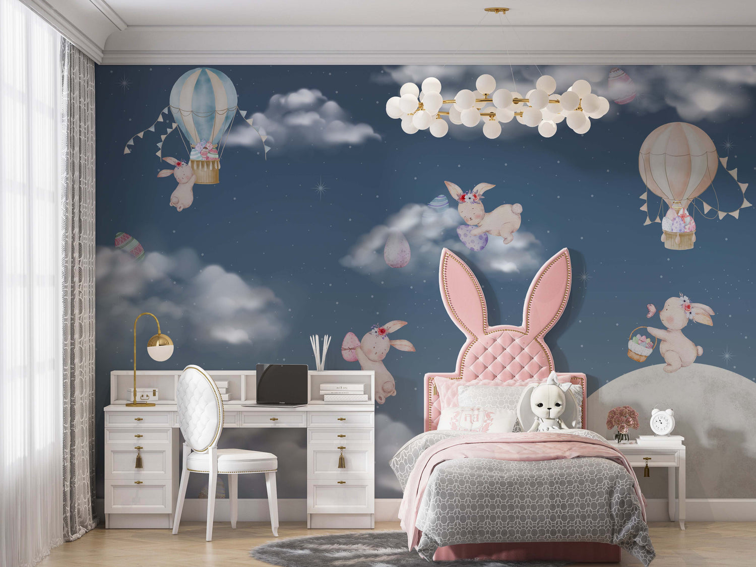 Easter wallpaper mural with pastel bunny, painted eggs and soft spring soft branches 