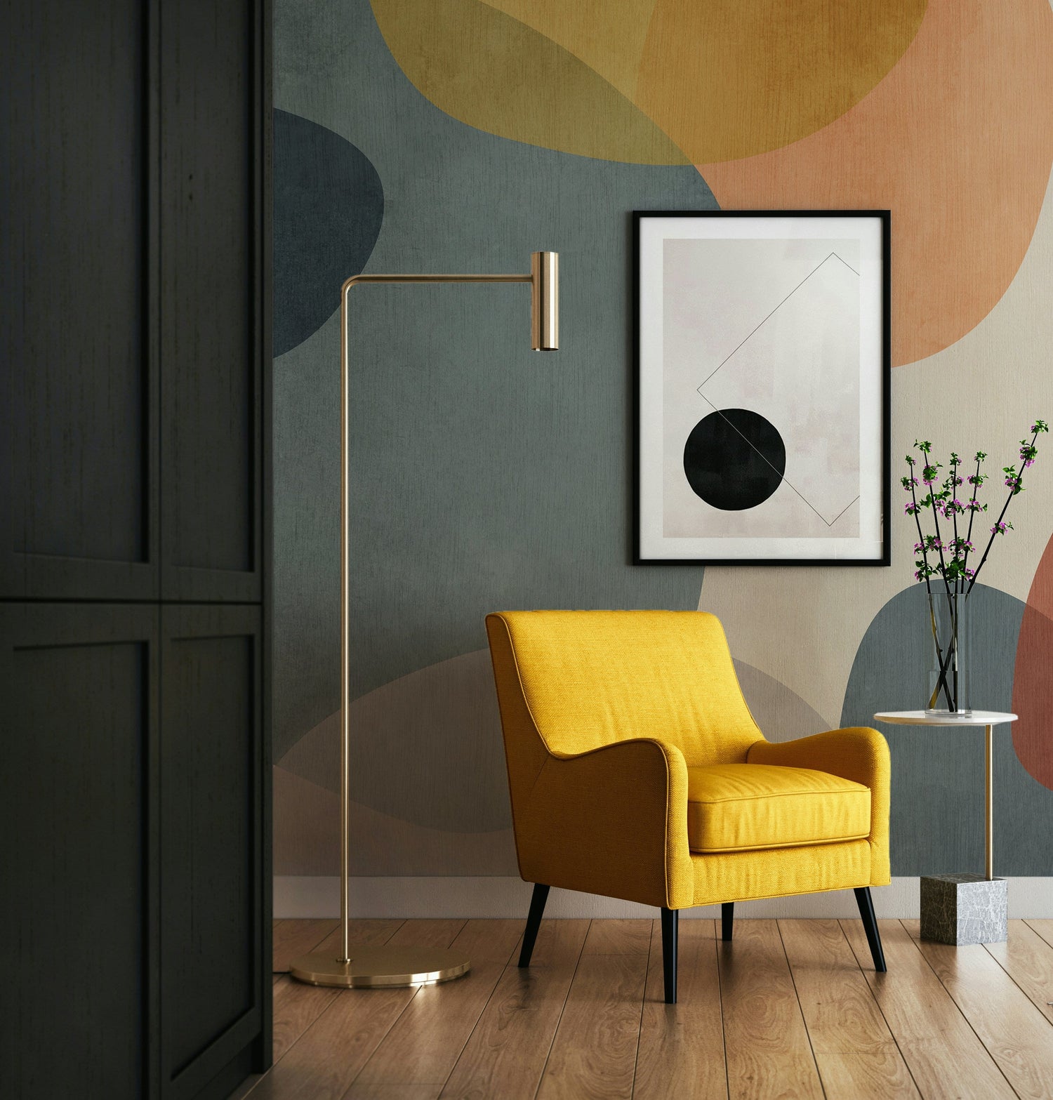 A stylish living room with a modern, blue and gold geometric pattern wallpaper for walls used as an accent behind a sofa.