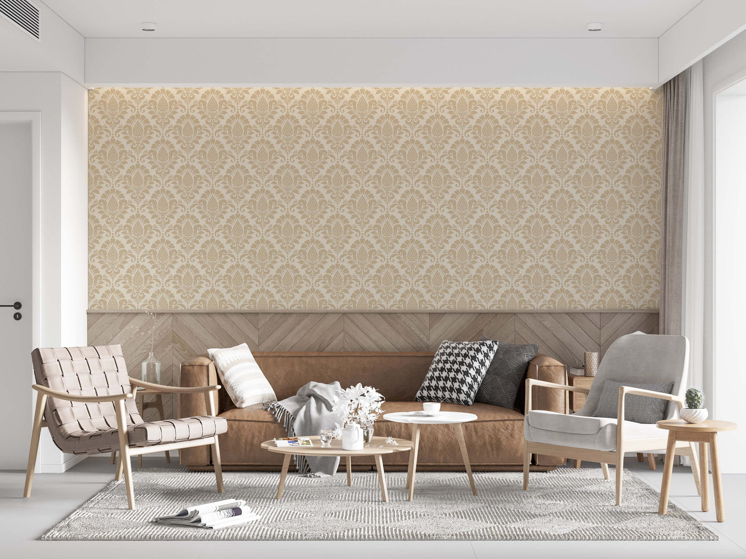 Damask wallpaper collection displayed in a collage of various styles, including brocade and jacquard patterns in gold, black, and blue.