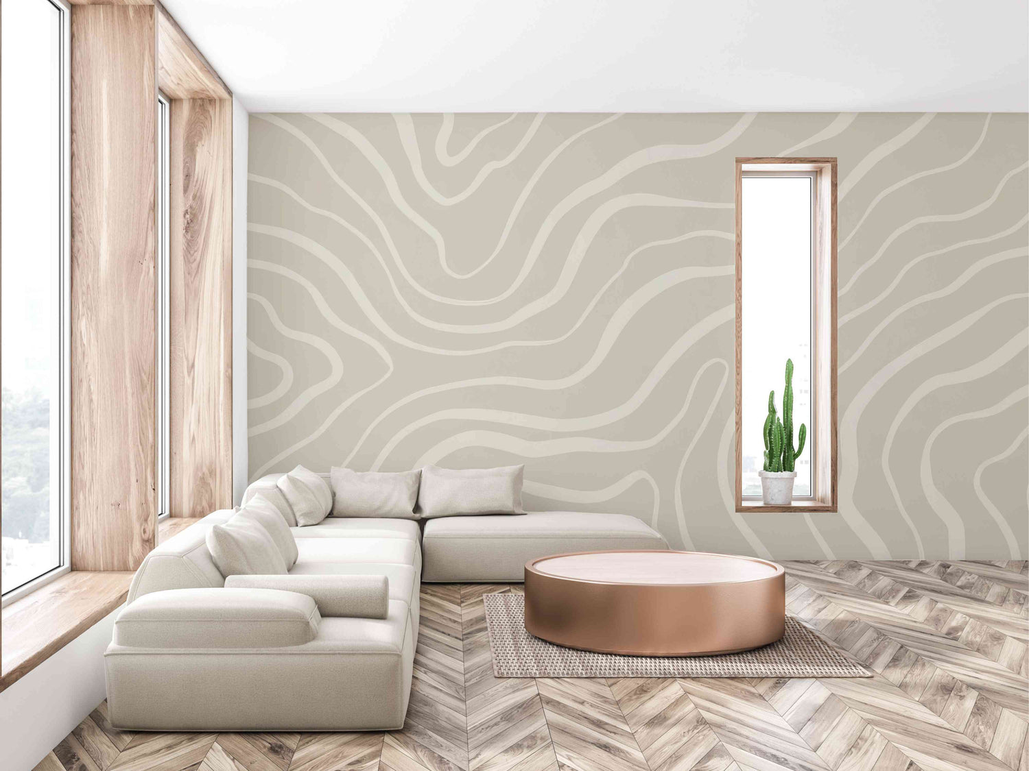 Soft toned neutral wallpaper styled in a calm modern home interior