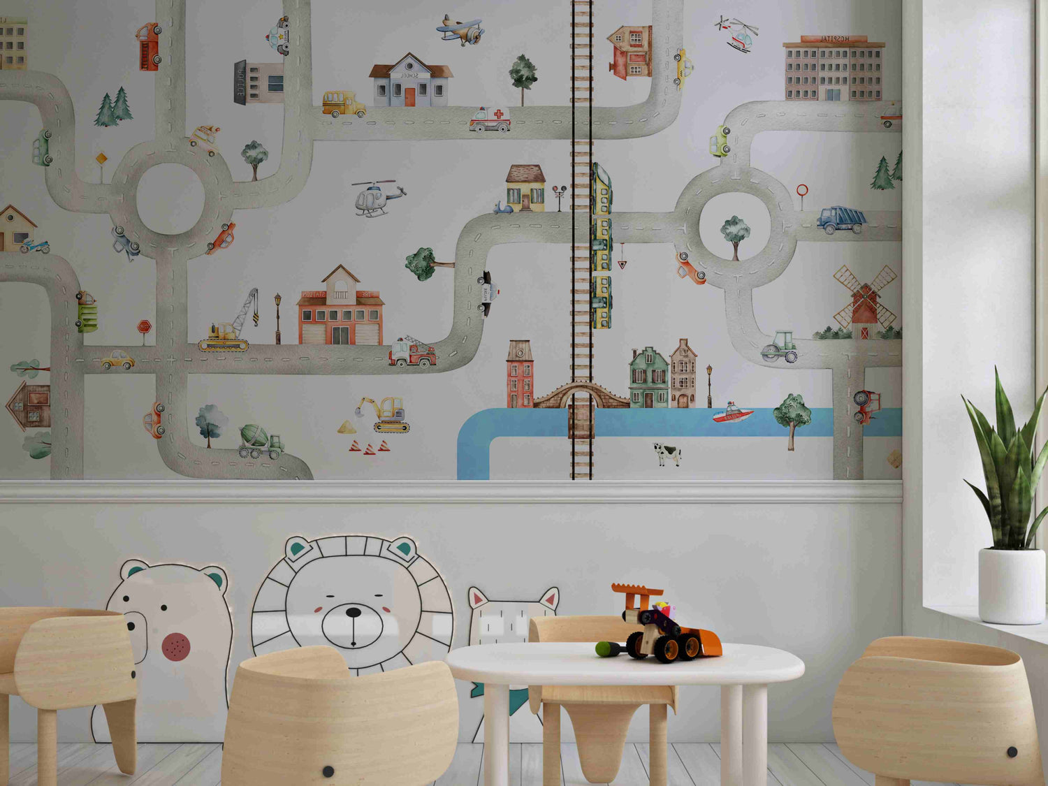 Travel wallpaper mural with vintage world map and city skylines in a home office