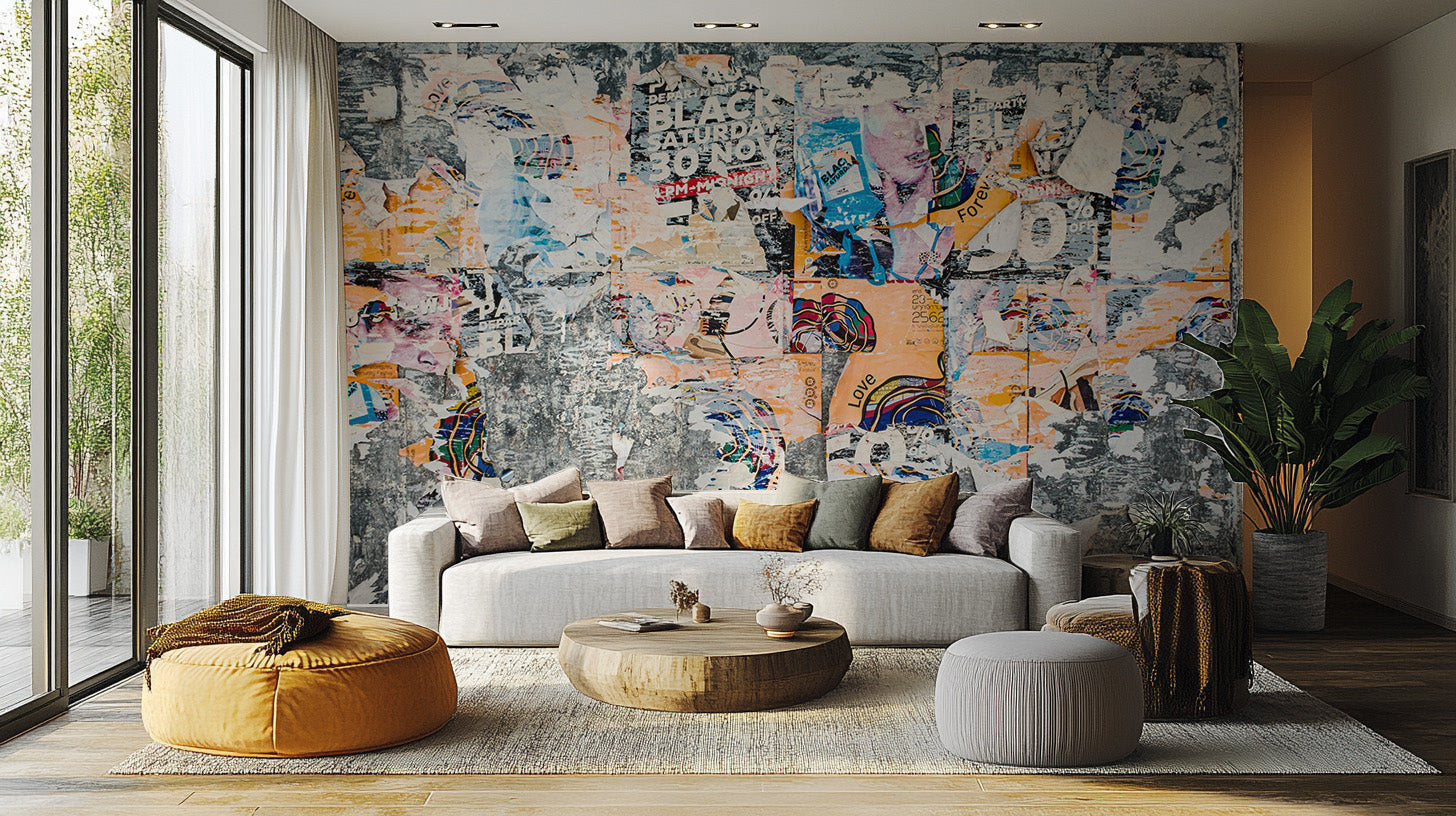 A collection of urban wallpaper design samples, featuring cityscape, industrial brick, and metropolitan map patterns.