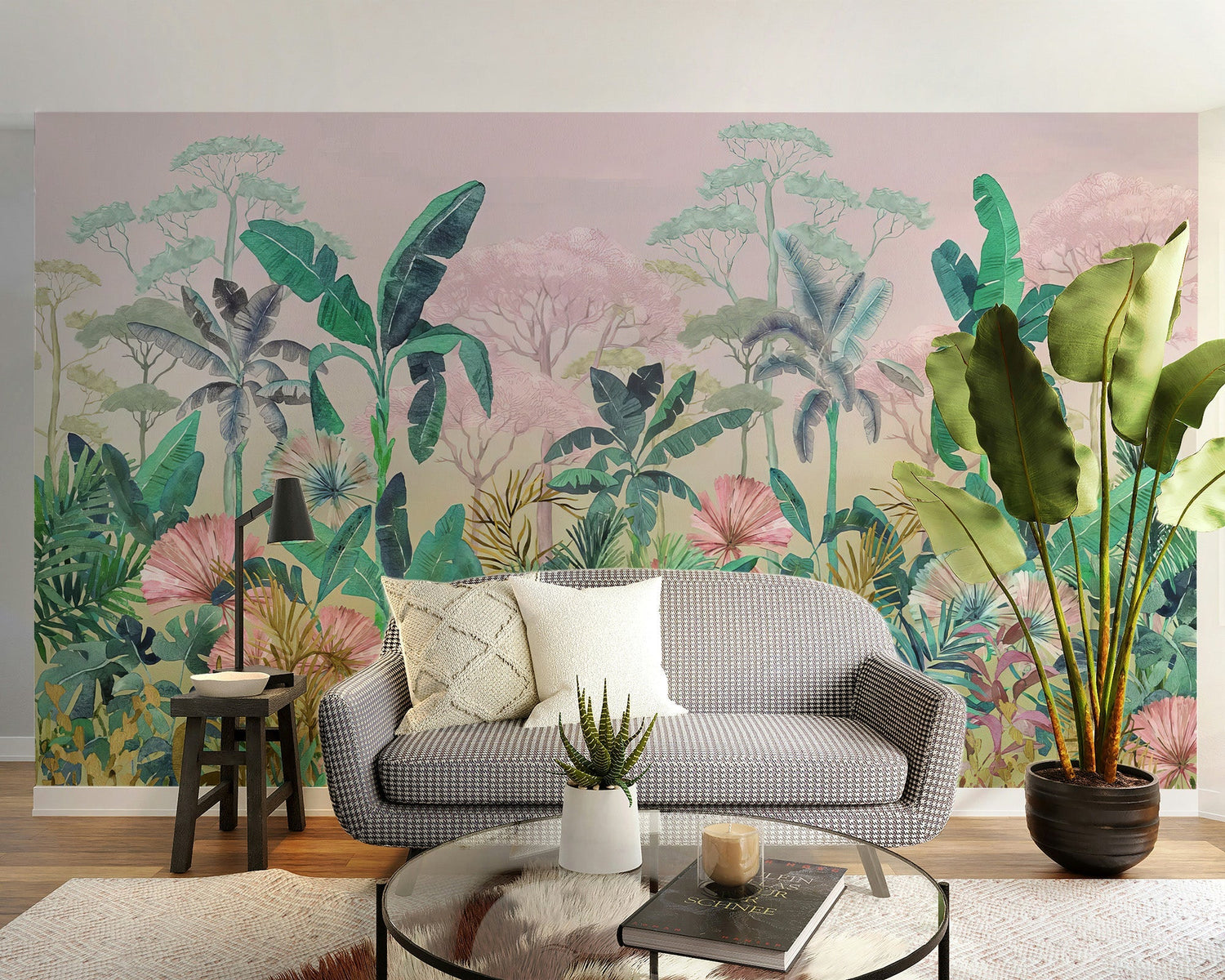 Botanical wallpaper featuring leaves, flowers and bird motifs