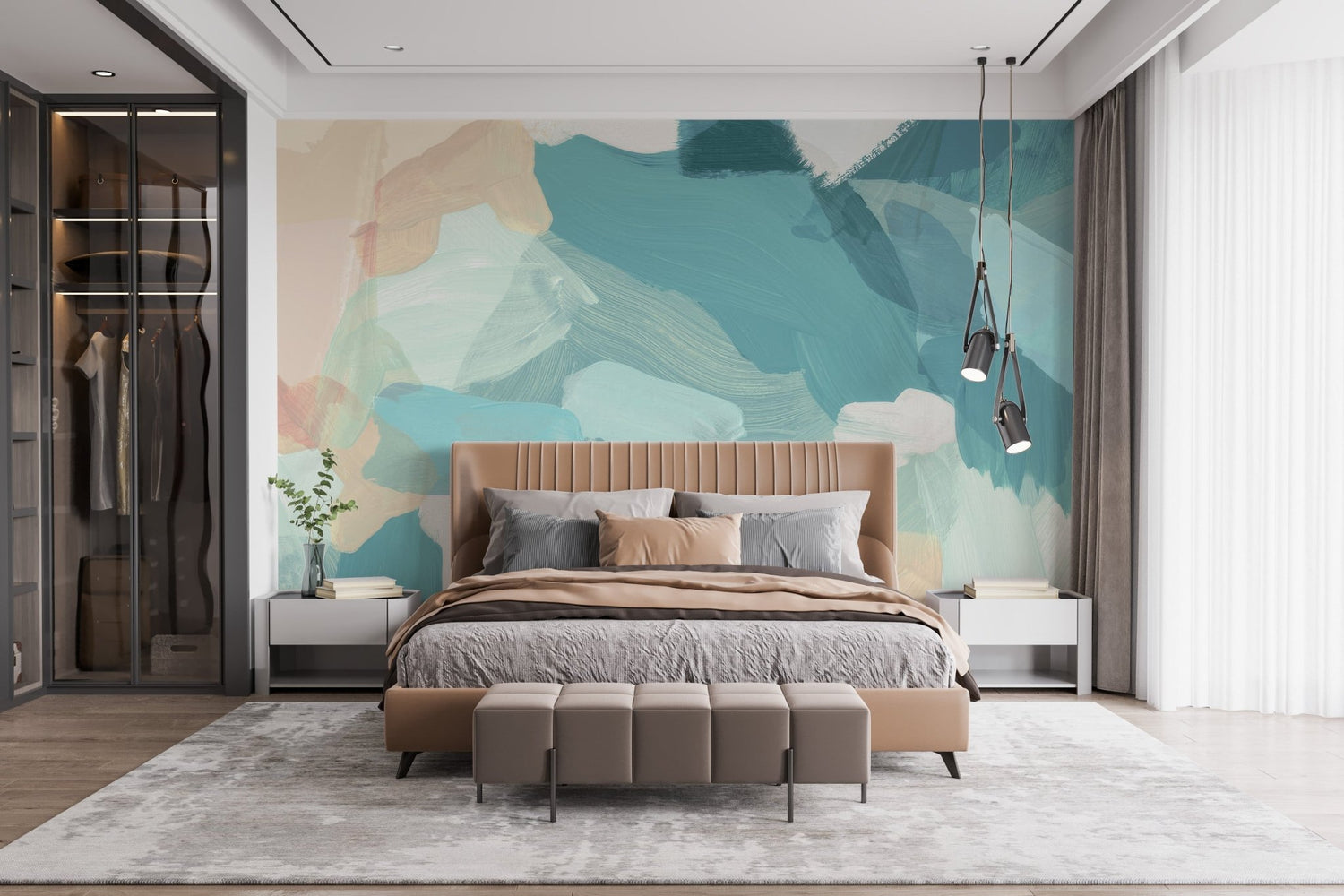 Modern brushstroke wallpaper mural with sweeping painted strokes in soft neutral tones styled on a feature wall.