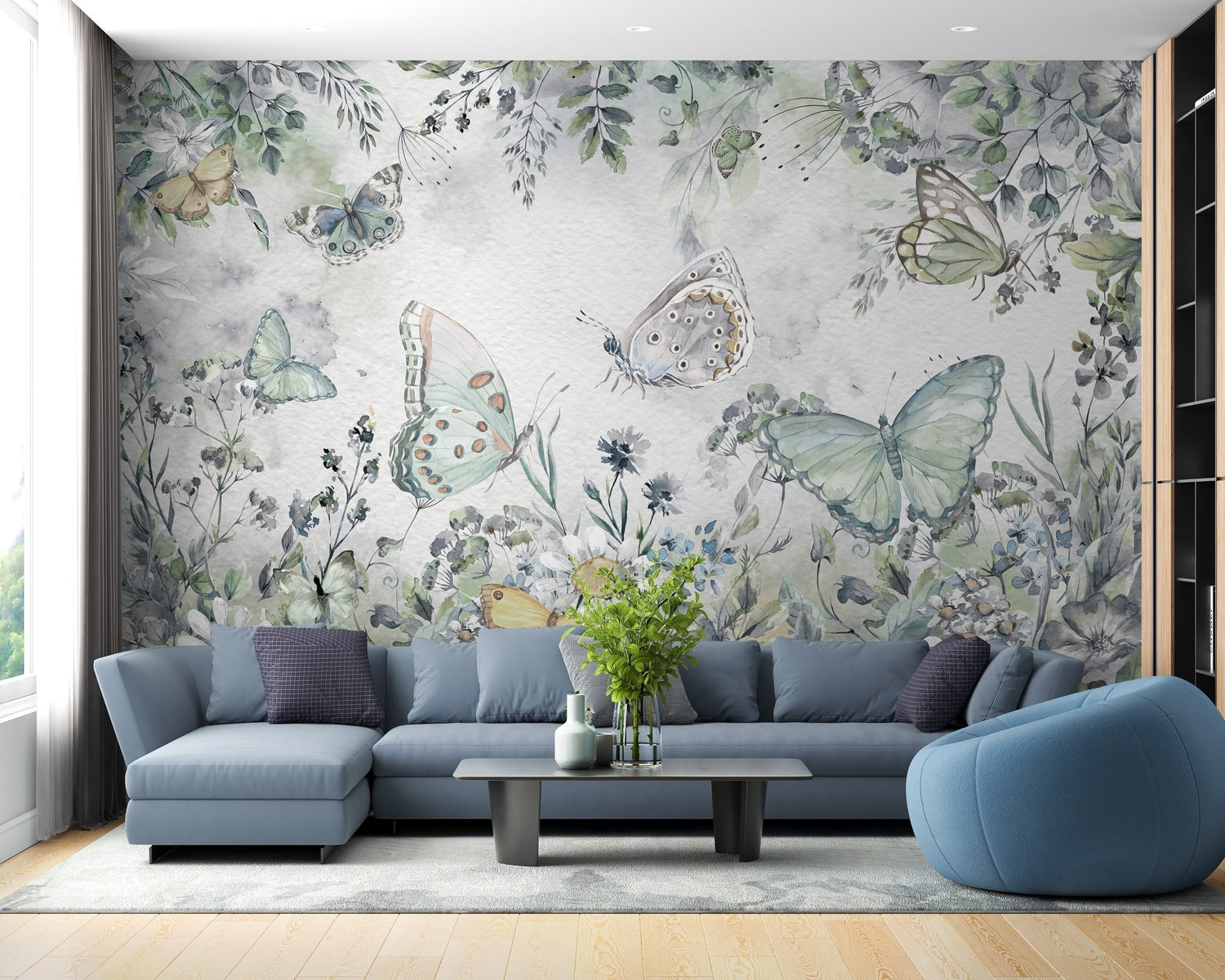  Watercolour butterfly wallpaper mural with floral garden design