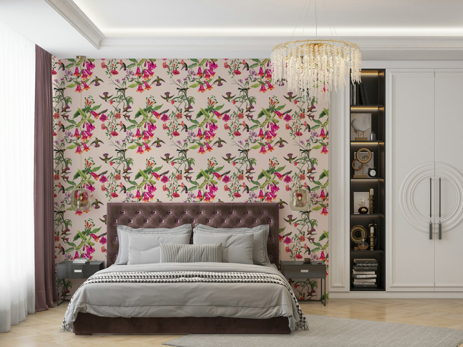 Carolina Cavieres tropical leaf wallpaper in a bright room