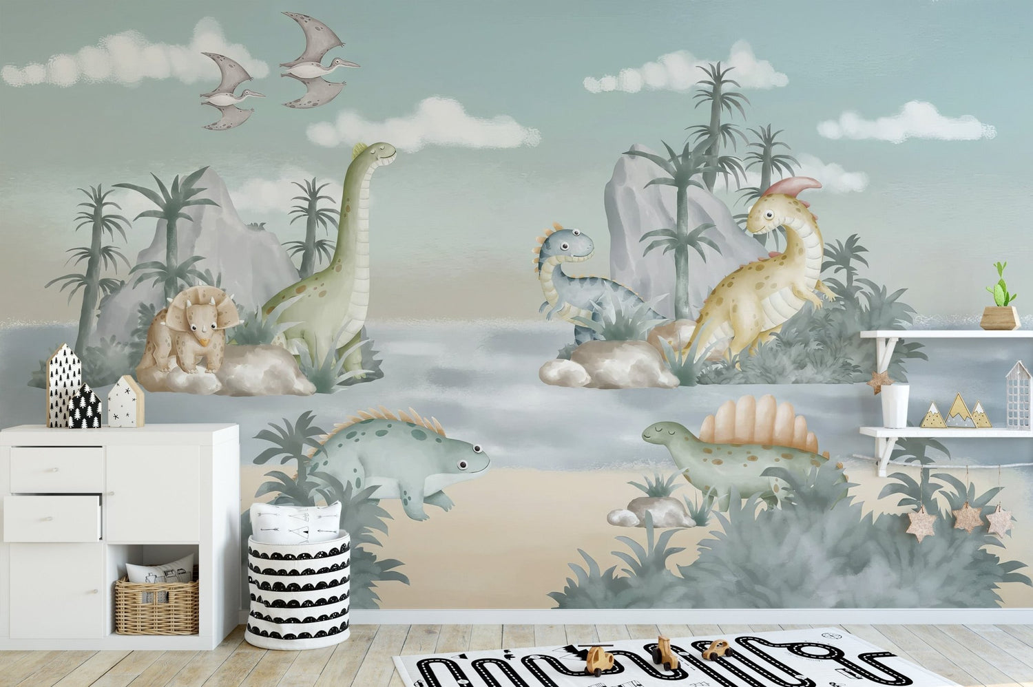Cartoon wallpaper mural with friendly animals on a kids' bedroom feature wall