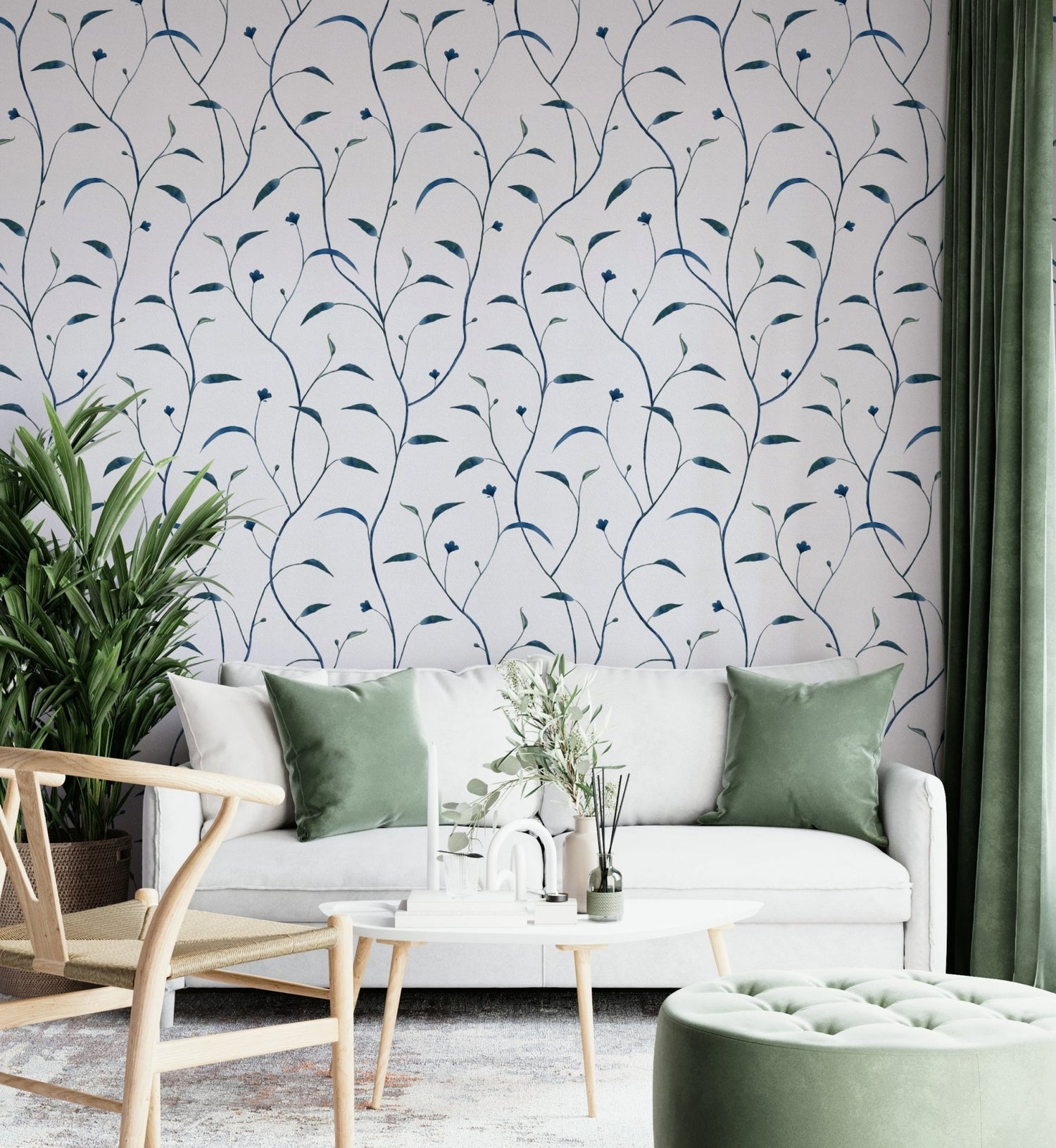 Cecilia Cangello trailing vine wallpaper in a bright bedroom