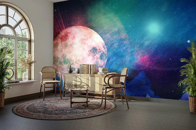 Cesar Torres designer wallpaper mural with Monument Valley sunset, cosmic moths, Scandinavian florals, phantom castle, and abstract surface art on a residential wall
