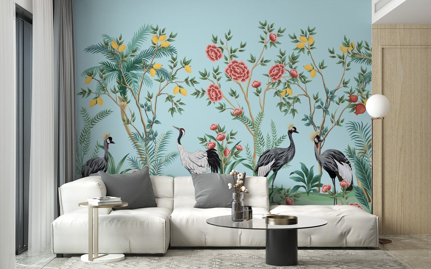 Chinoiserie wallpaper mural with hand painted look florals and birds 