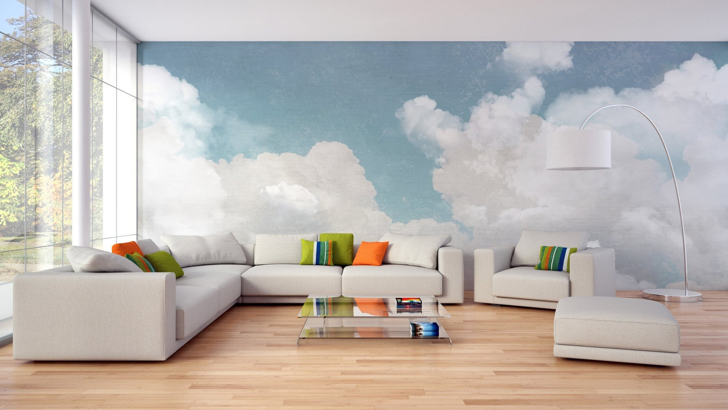 Cloud wallpaper mural with soft pastel clouds across a bedroom feature wall