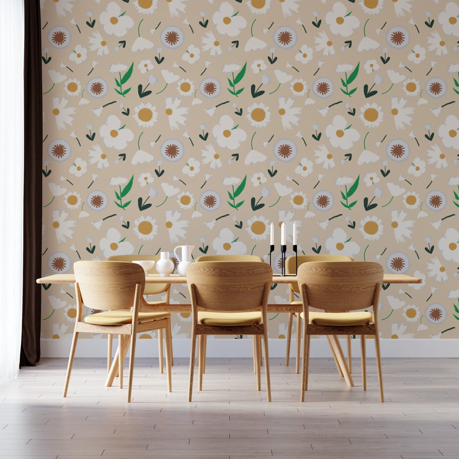 Daisy wallpaper mural with scattered daisy flowers and slender stems