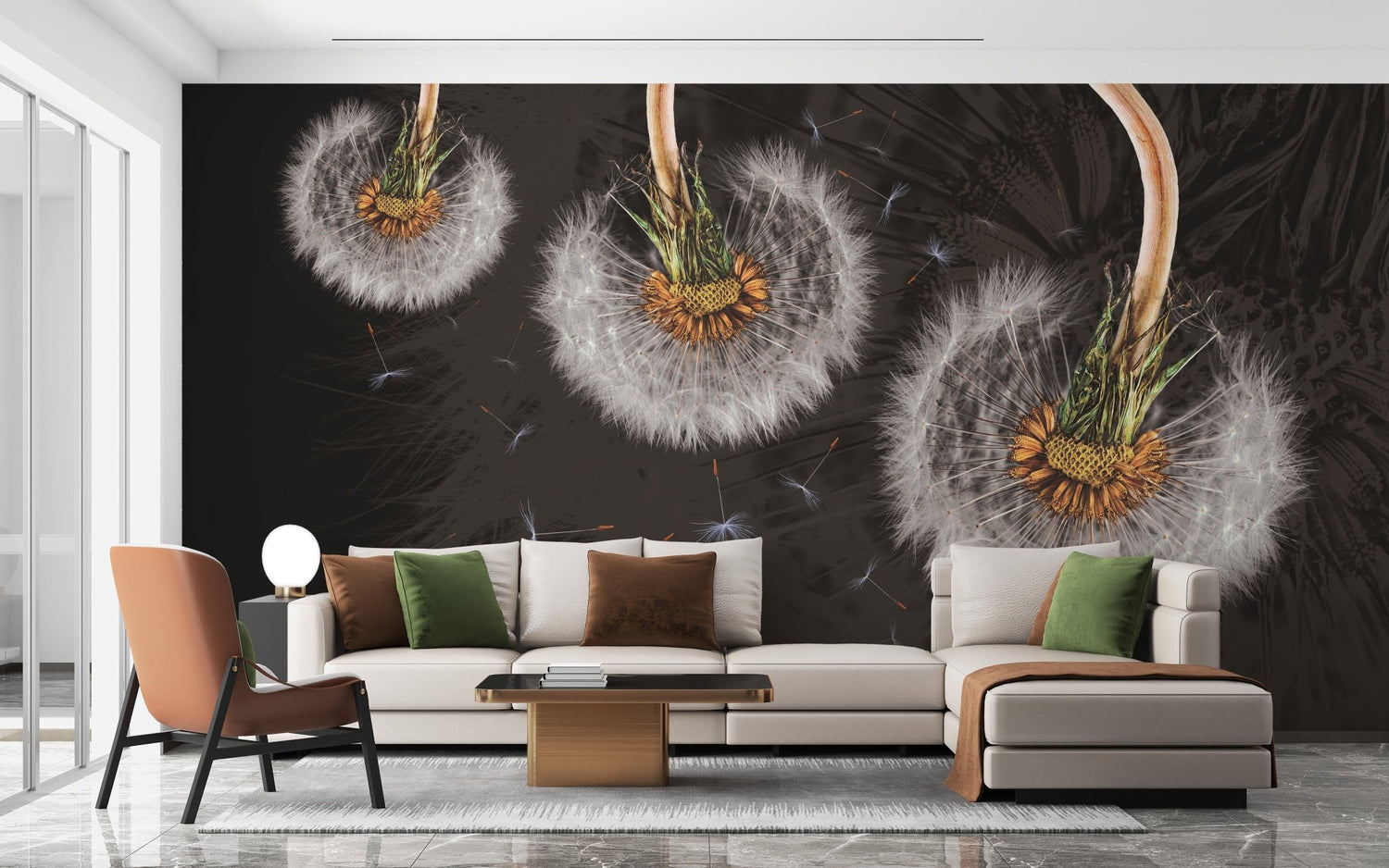Dandelion wallpaper mural with soft seed heads on a feature wall
