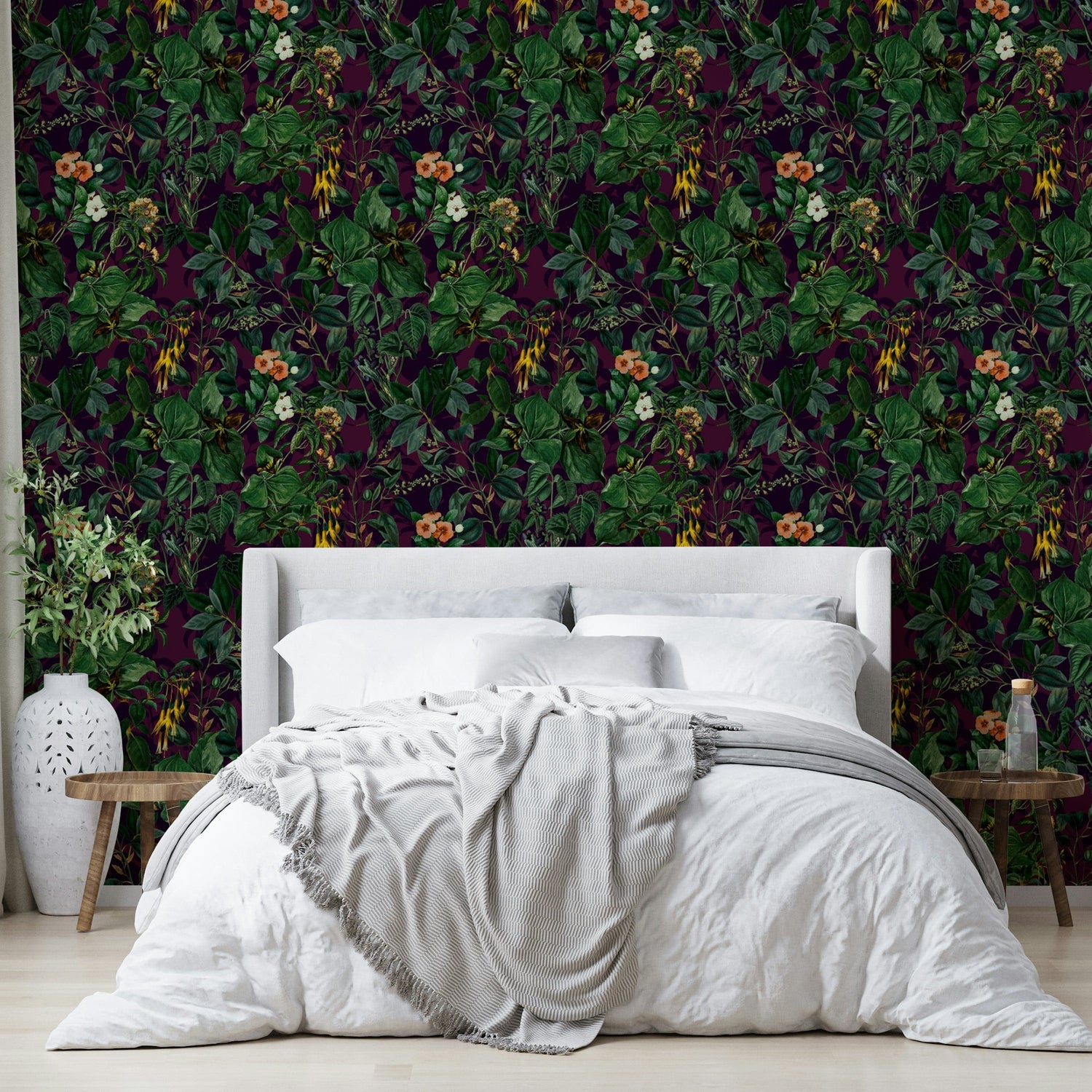 dark botanical wallpaper with moody leaves and night garden murals