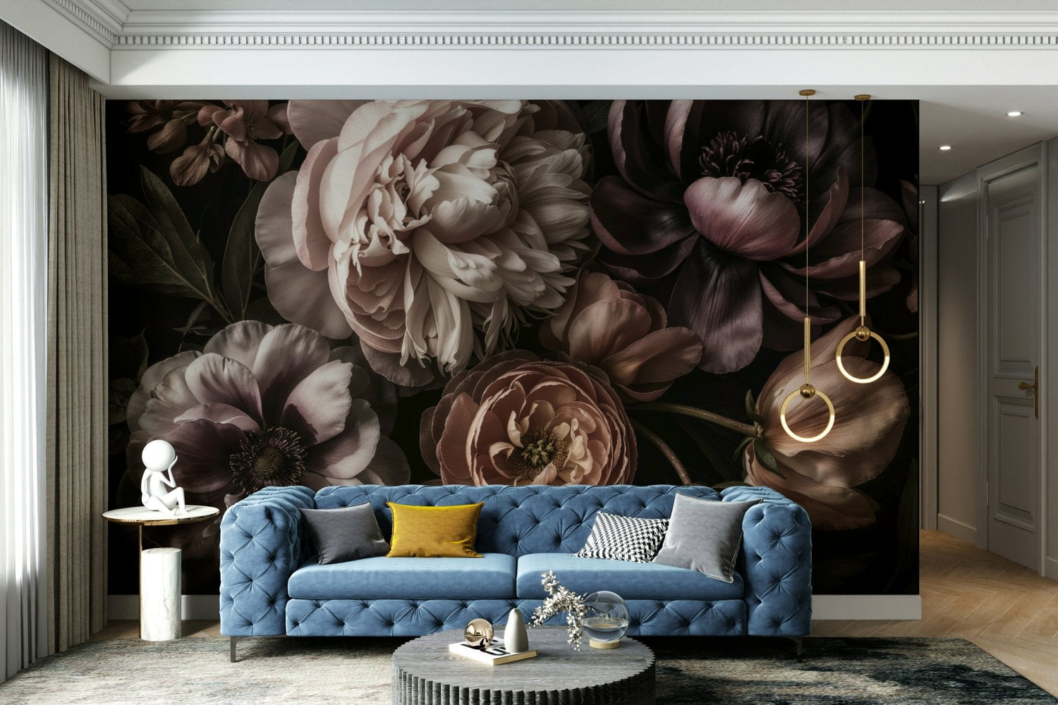 baroque wallpaper with ornate gold scrollwork and medallion pattern on dark ground