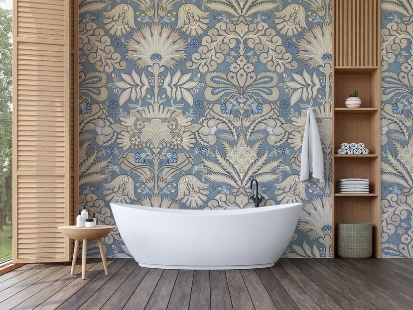 Delinda Graphic Studio designer wallpaper mural with Botanic Damask Cream Aqua