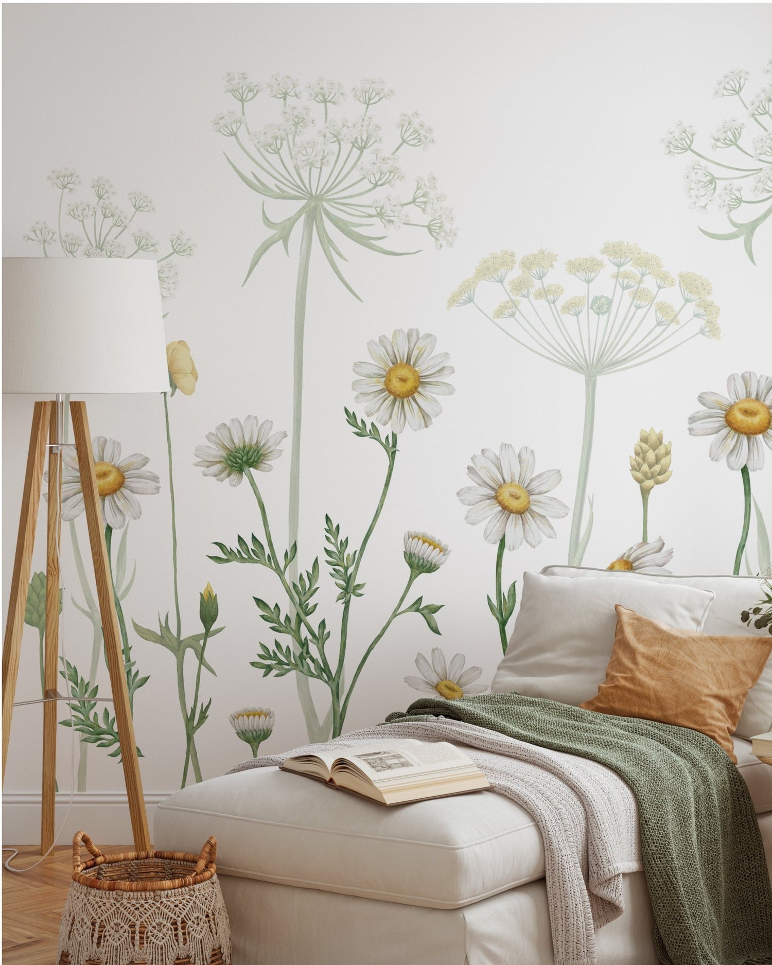 Designer wallpaper mural with layered patterns styled on a feature wall