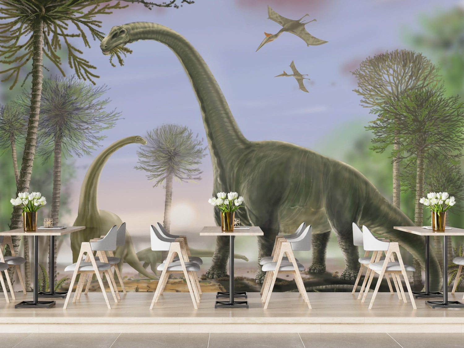 Dinosaur wallpaper murals on a kid's bedroom wall