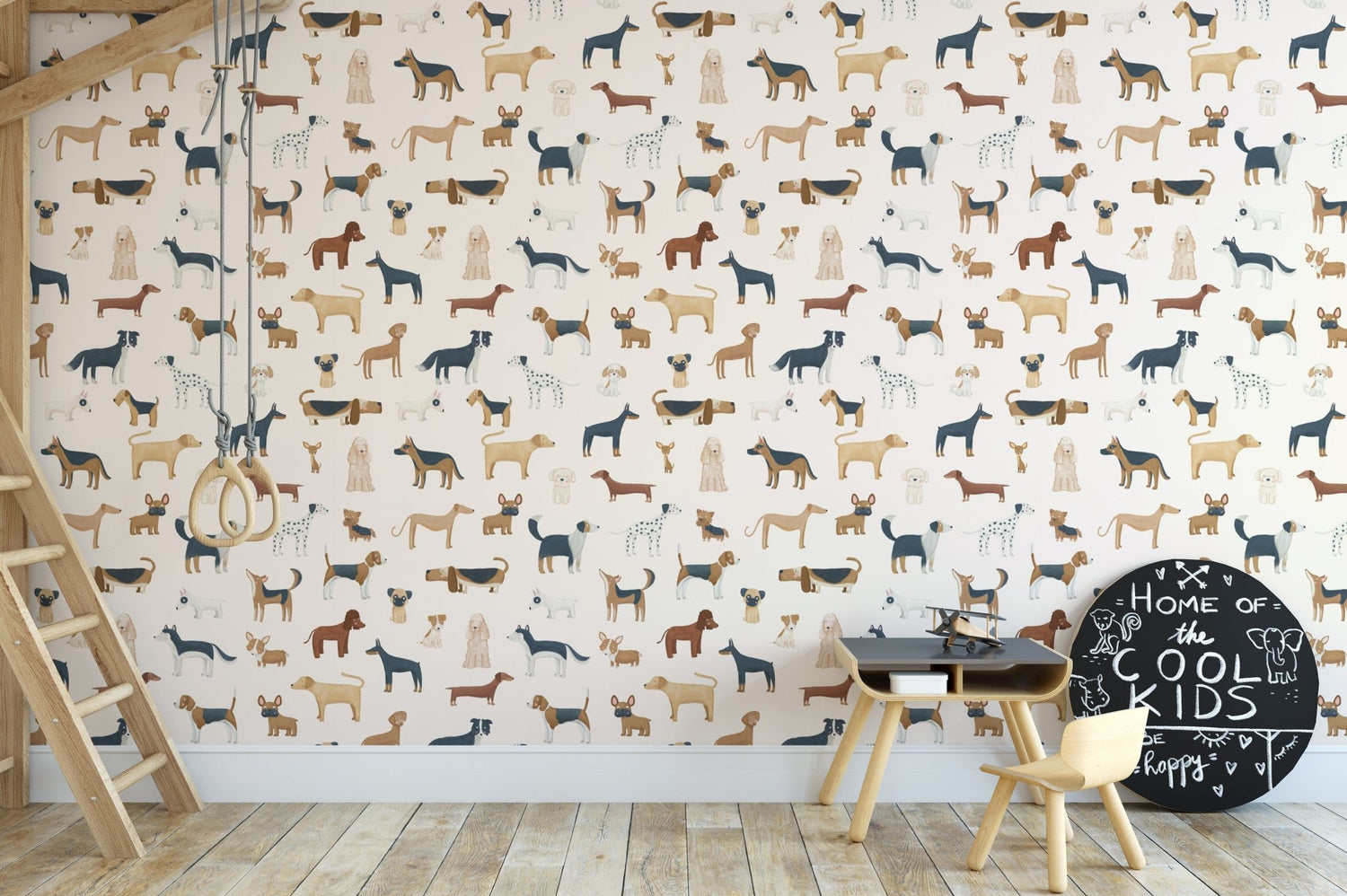 Dog wallpaper mural with playful illustrated and watercolour puppy artwork