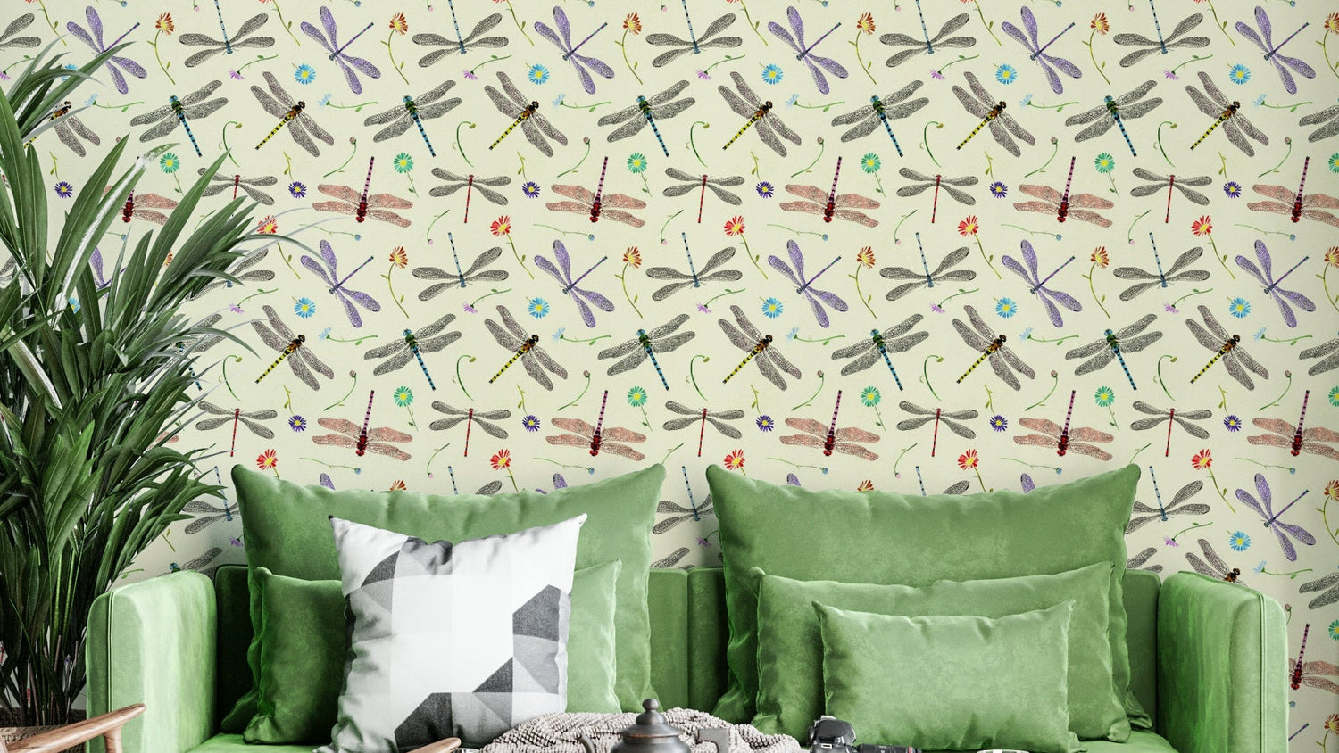 dragonfly wallpaper mural with delicate iridescent wings over reeds