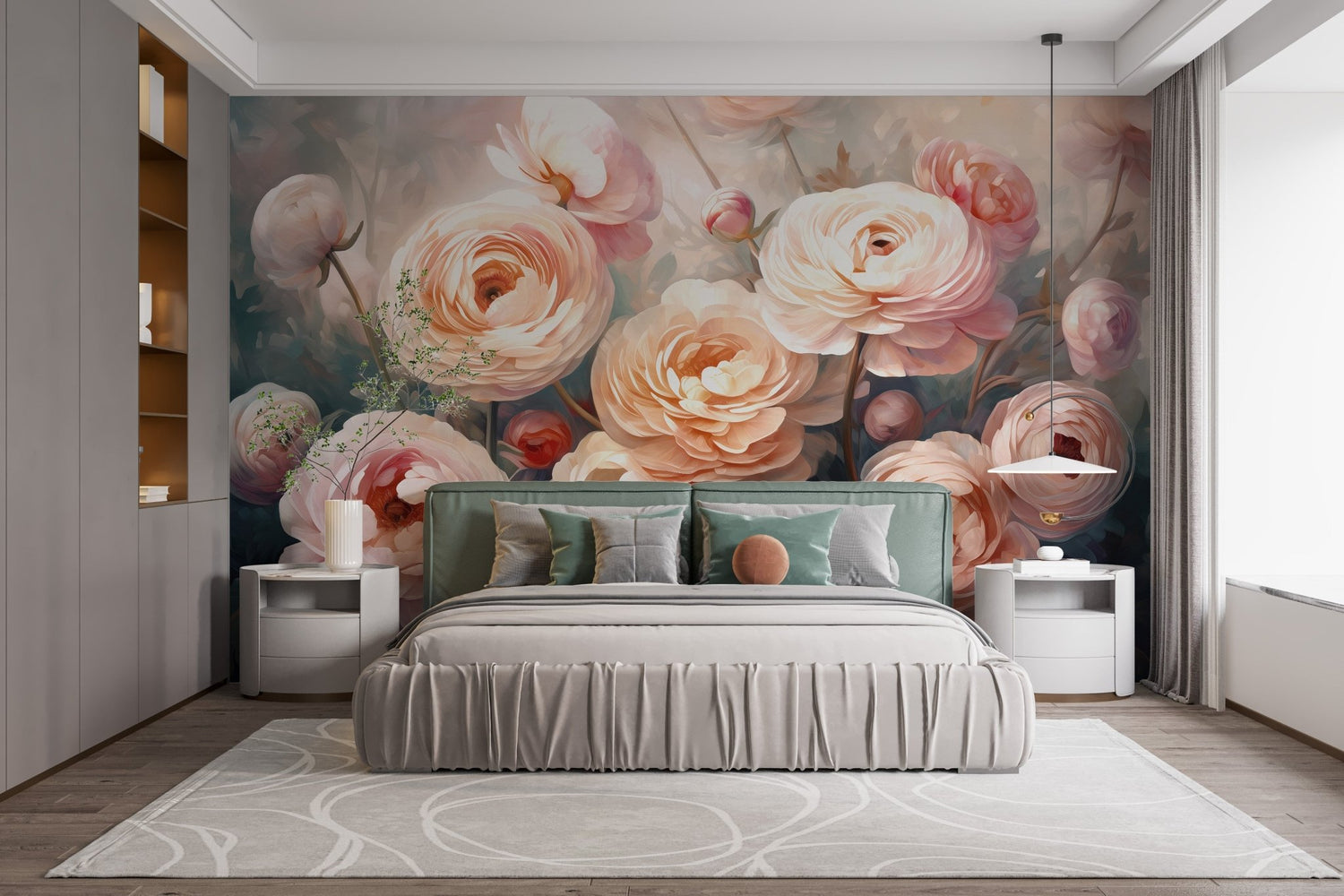 Dutch Igloo designer wallpaper mural with wisteria, soft rose florals, forest scenes, and lavender meadow prints on a residential wall