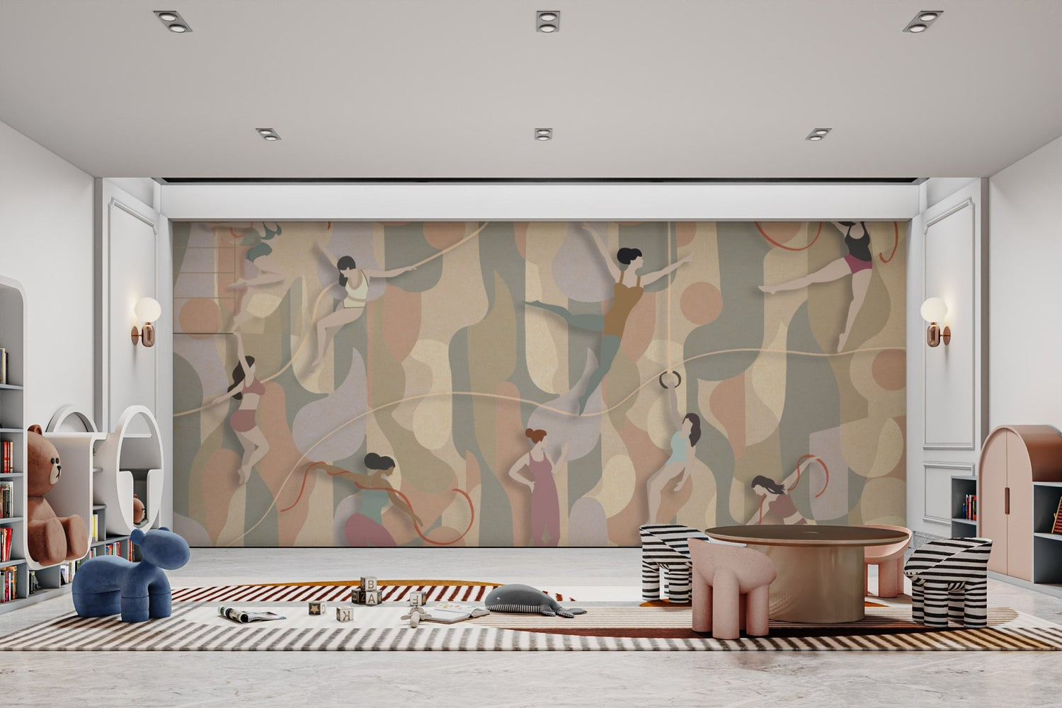 Elena Pavlova designer wallpaper mural with Japanese geisha panels, medieval battle prints, toile garden and cityscape scenes, and old map art on a residential wall